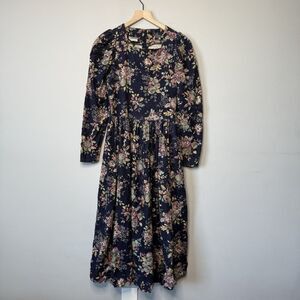 Laura Ashley Vintage 80s Corduroy Floral Print Maxi Dress Cottagecore Sz 8